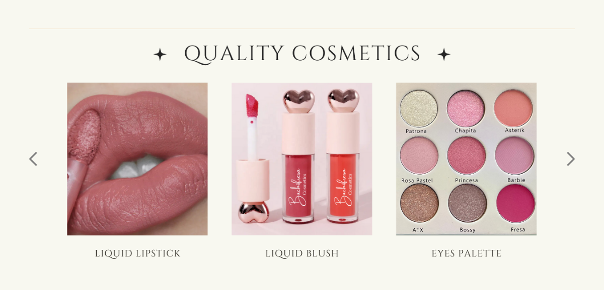 Cosmetic products including a liquid lipstick, liquid blush, and an eyes palette on a light background.