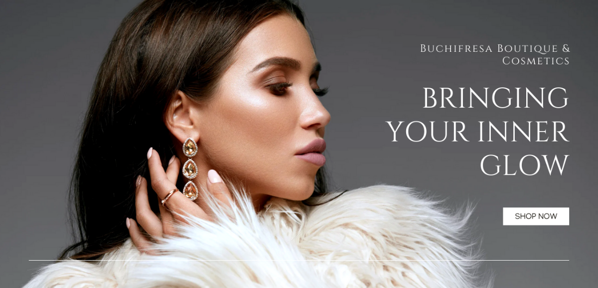 Woman wearing gold earrings with a gray background and text about a boutique and cosmetics brand.