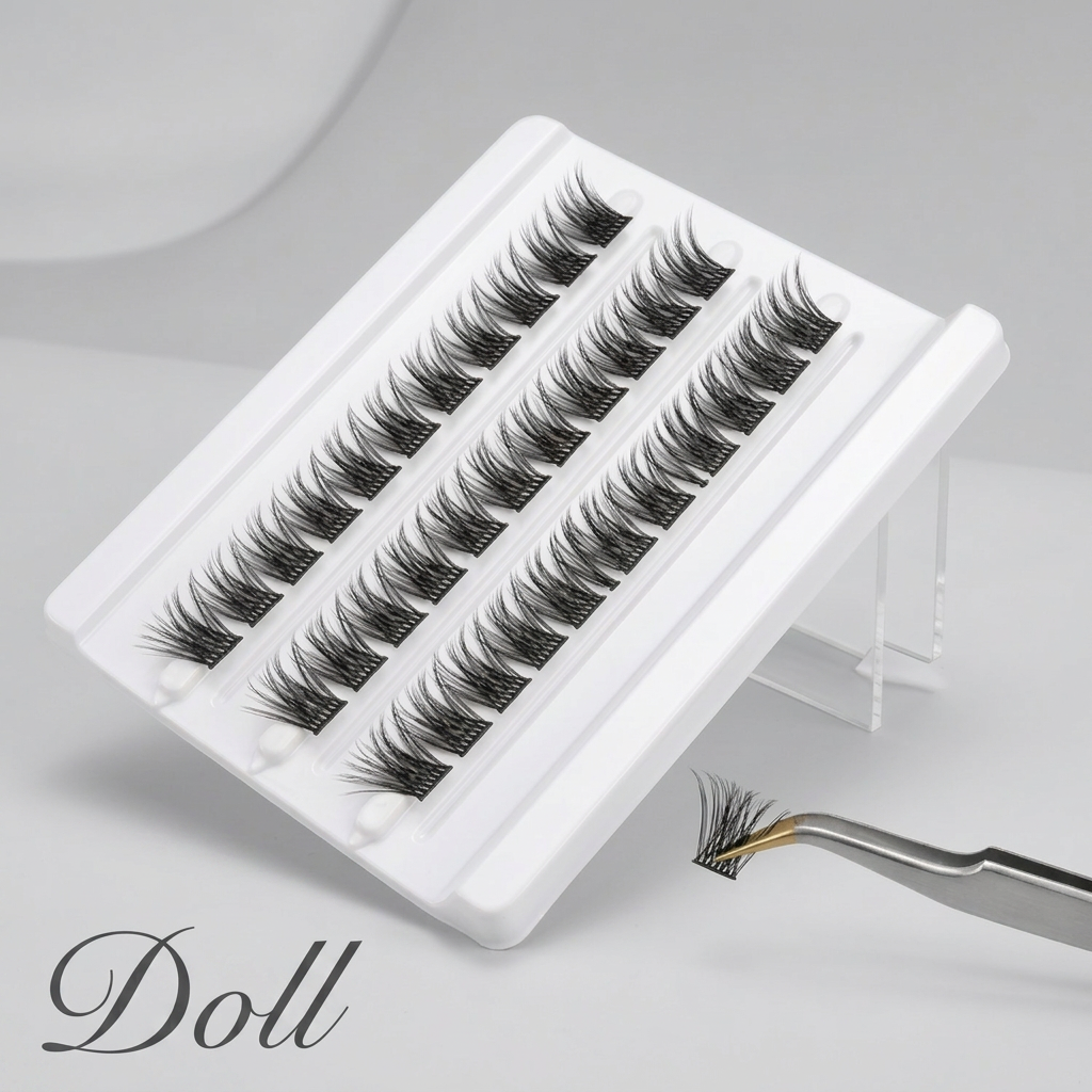 Three pairs of black false eyelashes arranged in a white plastic tray on a clean white background.