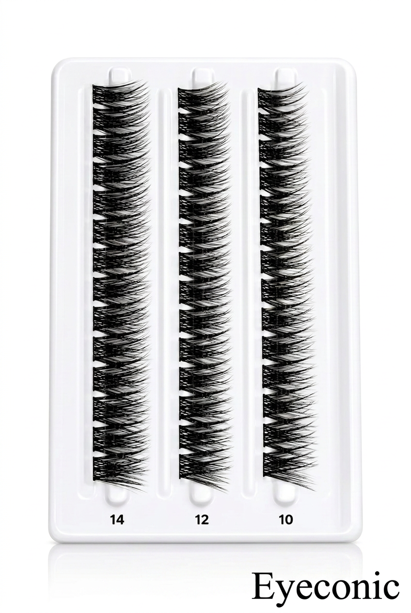 Three pairs of black false eyelashes arranged vertically on a white plastic tray, with numbers 14, 12, and 10 printed below each pair.