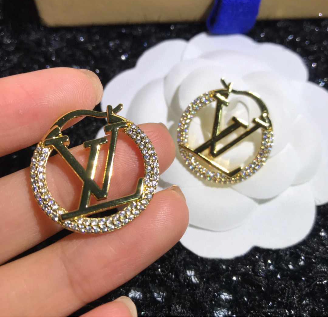 LV Inspired Rhinestone Hoops