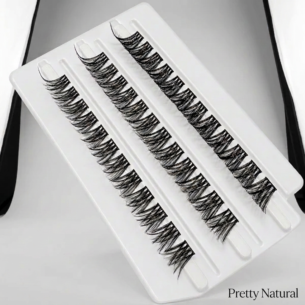 Three pairs of black false eyelashes on a white plastic tray, with a black ribbon packaging visible in the background. The text 'Pretty Natural' is printed in the bottom right corner.