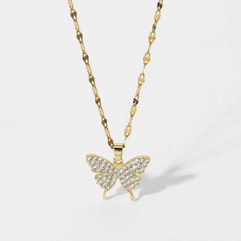 gold plated rhinestone butterfly necklace