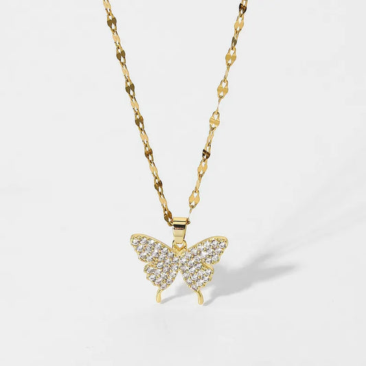 gold plated rhinestone butterfly necklace